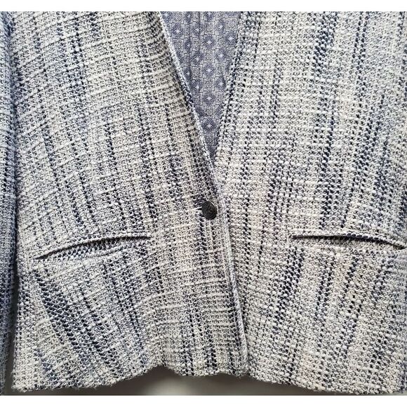 LUCKY BRAND Blazer Navy/Ivory Nubby Txtr Tweed Lined Button Close WOM MED Jacket - Picture 5 of 10
